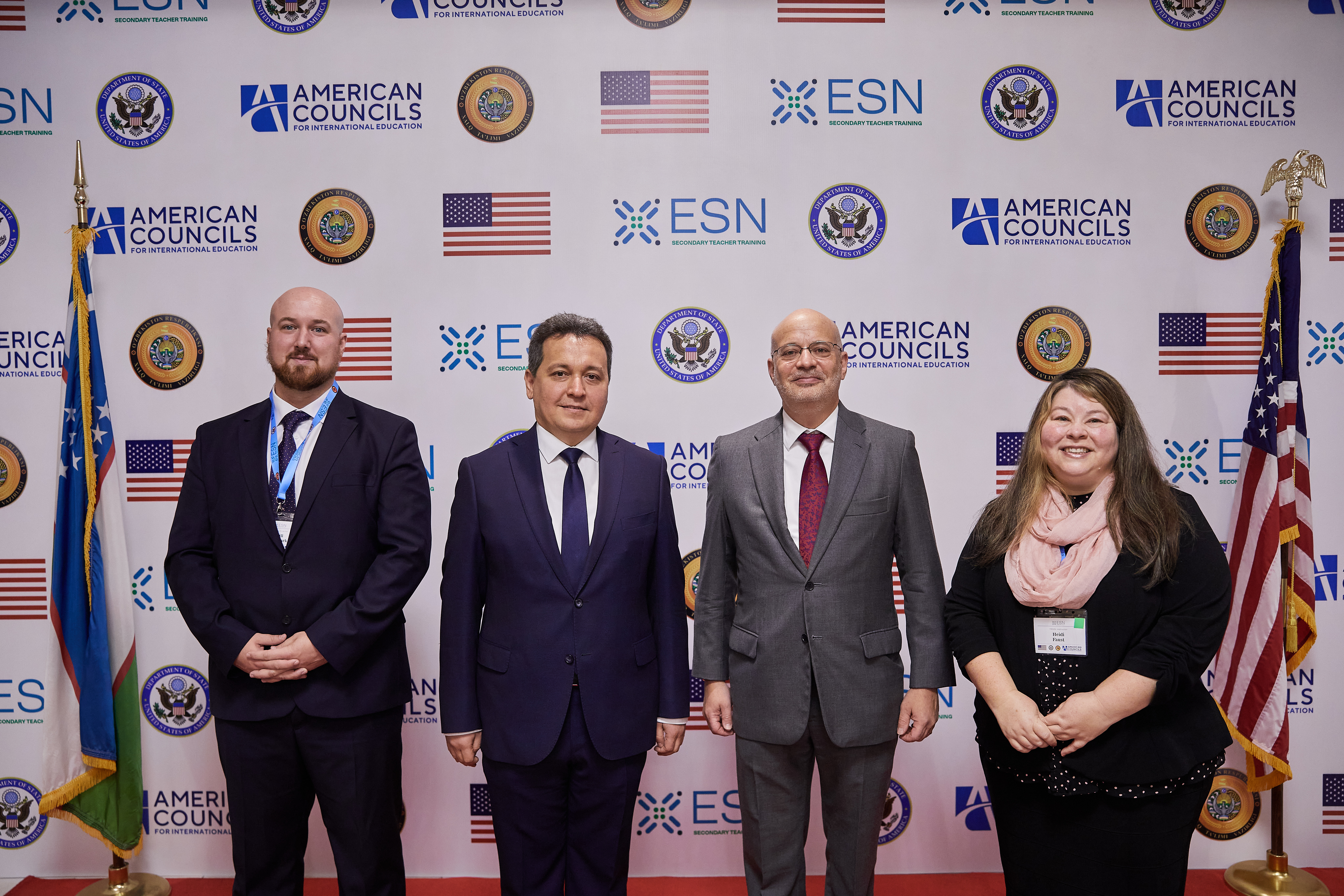 ESN TCCP Grand Opening Event in Tashkent, Uzbekistan (from left to right): Will O’Roark, Country Director, American Councils Uzbekistan; Sherzod Shermatov, Uzbekistan Minister of Public Education; Alan Meltzer, Deputy Chief of Mission, US Embassy in Uzbekistan; Heidi Faust, TESOL International