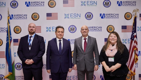 ESN TCCP Grand Opening Event in Tashkent, Uzbekistan (from left to right): Will O’Roark, Country Director, American Councils Uzbekistan; Sherzod Shermatov, Uzbekistan Minister of Public Education; Alan Meltzer, Deputy Chief of Mission, US Embassy in Uzbekistan; Heidi Faust, TESOL International